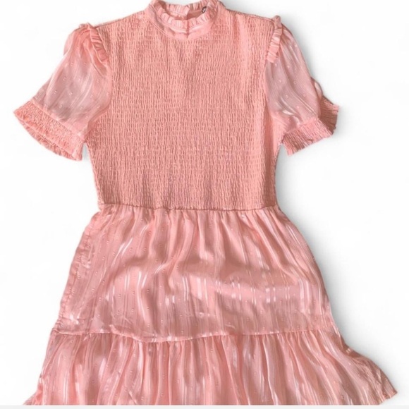 INA womens short ruffle shirred sleeve mini dress pink shiny stripes size small - Picture 1 of 4